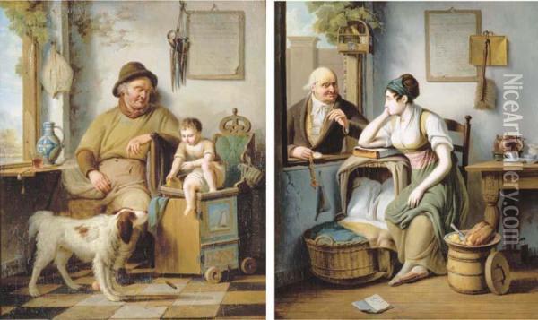 A Small Child, A Man And A Dog In An Interior; And A Young Motherseated Next To A Cradle In An Interior Listening To An Old Man Atan Open Window Nearby Oil Painting - Pieter Fontijn