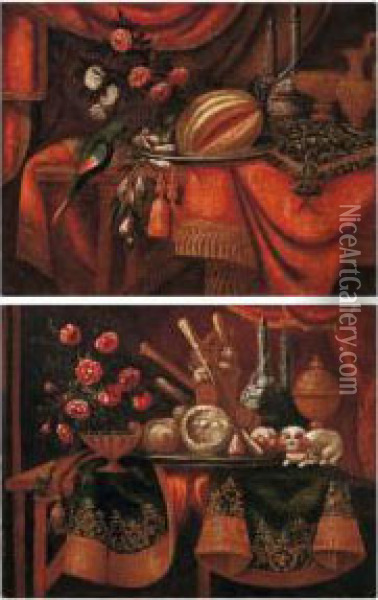 Tappeto, Vaso Di Fiori, Dolciumi, Cagnolino E Vasi Su Tavolo E Drappo Rosso Oil Painting - Antonio Tibaldi