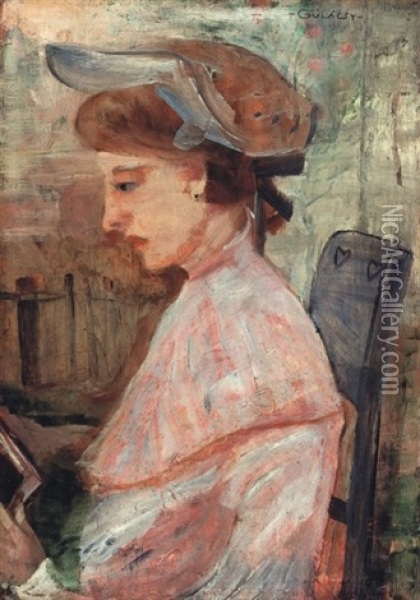 Kalapos Holgy - Lady In Hat Oil Painting - Lajos Gulacsy