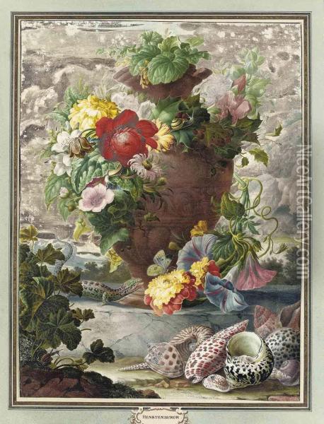 A Spray Of Chrysanthemums, A Fritillary, Pink Hollyhock, Morningglory And A Red Dahlia In An Urn, With Various Shells And A Lizardin The Foreground Oil Painting - Herman Henstenburgh
