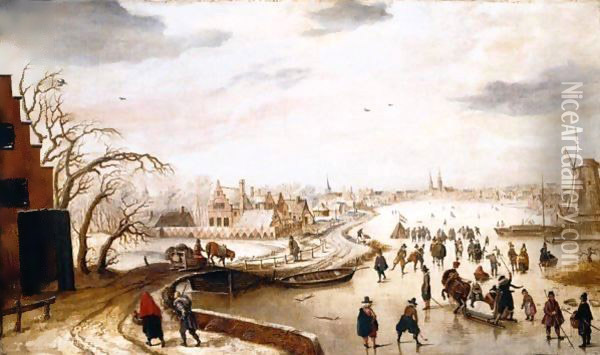 A Winter Landscape With Figures Skating On A Frozen River Oil Painting - Hendrick Avercamp