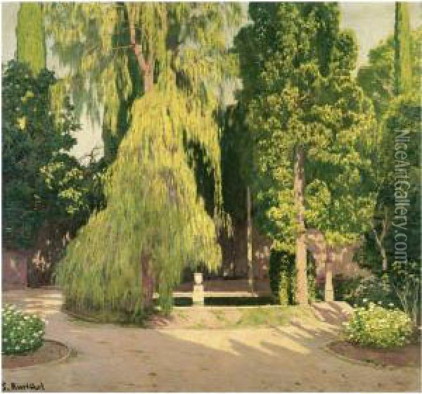 El Sauce. Jardin Valenciano Alcoy(the Willow Tree, Alcoy,valencia) Oil Painting - Santiago Rusinol i Prats