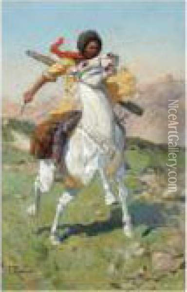The Caucasian Warrior Oil Painting - Franz Roubaud