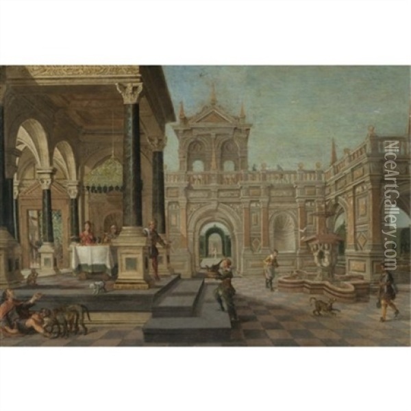 A Palatial Capriccio With Dives And Lazarus Oil Painting - Nicolas de Gyselaer