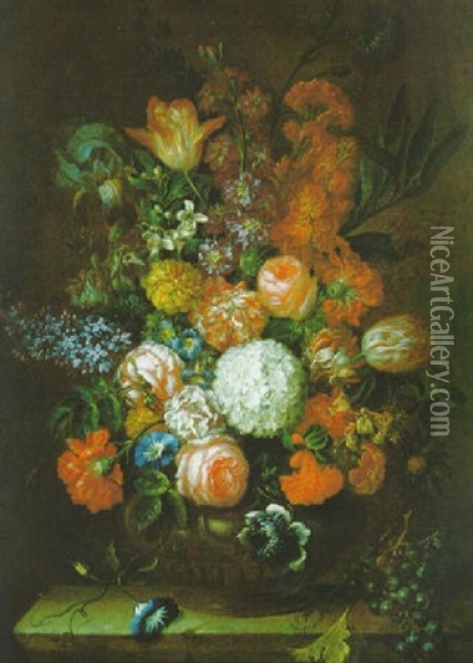 Blumenstraus Von Rosen, Nelken, Schneeball, Flieder Und Anderen Blumen In Einer Tonvase Oil Painting - Johann Baptist Drechsler