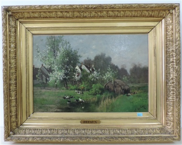 Enten Am Teich, Im Hintergrund Bauernhauser Oil Painting - Alexandre Defaux