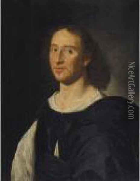 Portrait Of A Gentleman, Half Length, Wearing A Purple Doublet And A White Shirt Oil Painting - Jan Van Bijlert