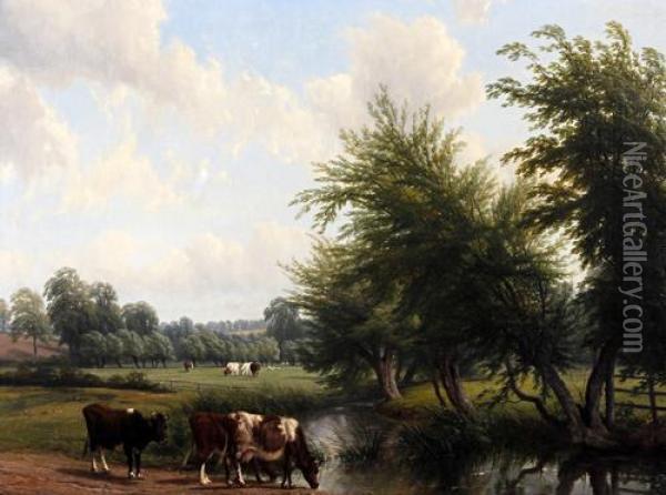 Cattle Watering By A Stream In A Wooded Landscape Oil Painting - Thomas Baker Of Leamington