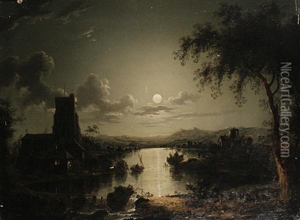 Church On A River By Moonlight Oil Painting - Henry Pether