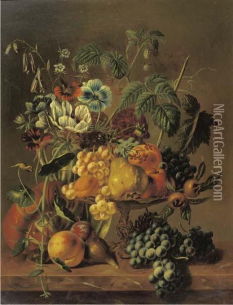 A Still Life With Various Fruit And Flowers Oil Painting - Johannes Jun Reekers