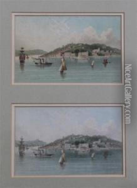 'east And West Cowes' And 'blackgang Chine', Postcard Designsfor Thomas Nelson And Sons, Framed With The Printed Cardsalongside Oil Painting - John Ramage