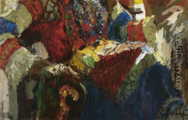 Portratstudie Einer Sitzenden Frau In Buntem Kleid Oil Painting - Konstantin Ivanovich Gorbatov