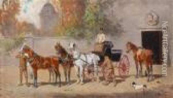 Einspannen Der Pferde Oil Painting - Alexander Ritter Von Bensa