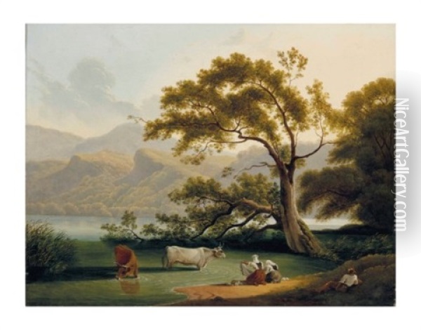 Vue Du Lac De Nemi Avec Des Figures Et Un Troupeau Oil Painting - Hendrik Voogd