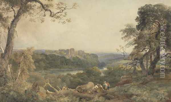 Castle above a River, Woodcutters in the Foreground Oil Painting - Peter de Wint
