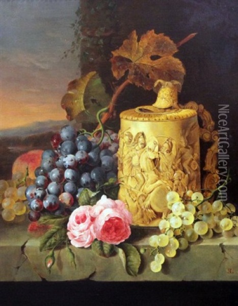 Still Life With Grapes, Roses And An Ivory Stein, On A Marble Ledge Oil Painting - Edward Ladell