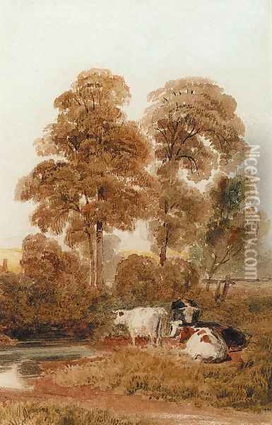 Cattle by a stream in a wooded landscape, near Cookham, Berkshire Oil Painting - Peter de Wint