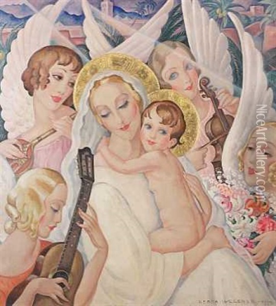 Madonna Med Barnet Omgivet Af Musicerende Engle Oil Painting - Gerda Wegener