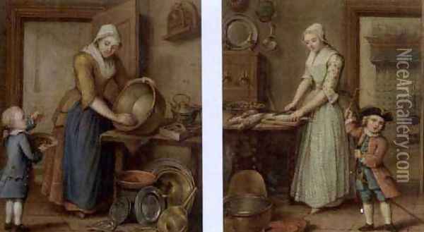 A woman cleaning pots in an interior with a boy eating cherries (and) A woman preparing fish in a kitchen and a child playing, 1769 Oil Painting - Abraham Hendrick van Beesten