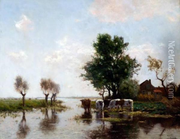 Koeien Aan De Waterkant Oil Painting - Johannes Karel Leurs