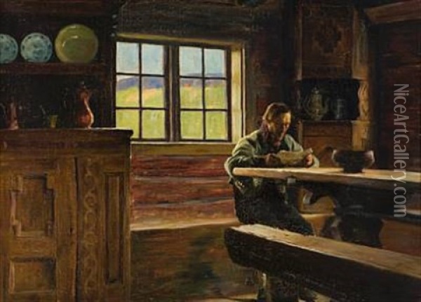 Gammelt Telemarksinterior Oil Painting - Thorvald Torgersen
