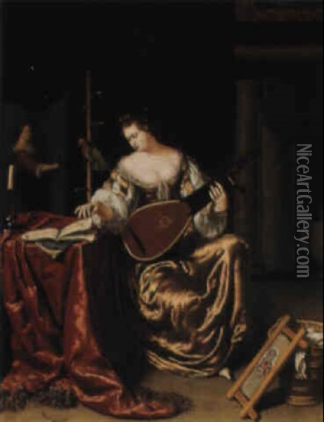 An Interior With A Woman Playing The Lute Oil Painting - Willem van Mieris