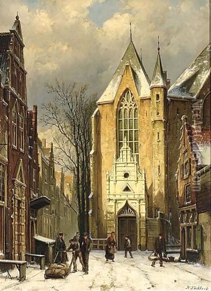 A Wintry View Of The Westerstraat With The Westerkerk, Enkhuizen Oil Painting - Willem Koekkoek