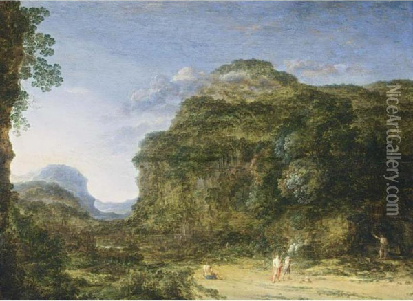 A Rocky Landscape With Figures And A Dog Oil Painting - Gillis Neyts