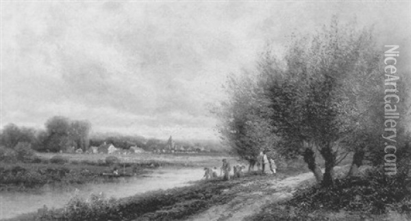 Villageois Au Bord D'une Riviere Oil Painting - Emile Charles Lambinet
