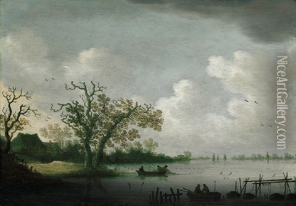 Hollandische Flusslandschaft Mit Bauernhausern Und Fischerbooten Oil Painting - Johannes Pietersz Schoeff
