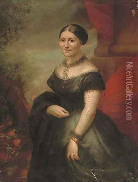 Portrait of a lady, three-quarter-length, in a black dress with lace trim, a red curtain and landscape beyond Oil Painting - German School
