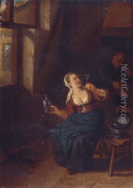A Tipsy Woman Toasting Her Husband As He Eats His Food Oil Painting - Cornelis Dusart
