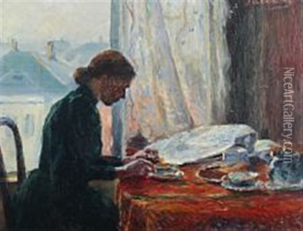 A Young Woman Sitting At The Breakfast Table In The Sunlight Oil Painting - Jacob Kielland Somme