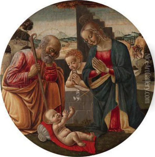 The Nativity With The Infant Saint John The Baptist, Theannunciation Of The Shepherds And The Train Of The Magibeyond Oil Painting - Master Of The Borghese Tondo