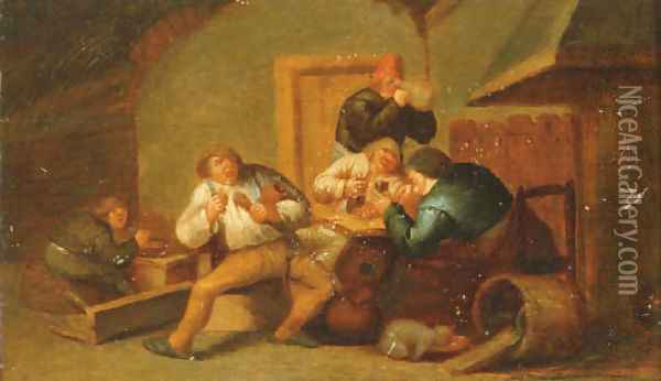 Peasants smoking and drinking by a fireplace the Sense of Taste Oil Painting - Adriaen Jansz. Van Ostade