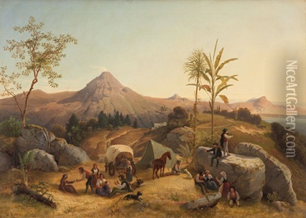 Stromboli - Rastende Zigeuner Mit Pferd Und Planwagen Am Fusse Des Vulkans Oil Painting - Wilhelm Zobus
