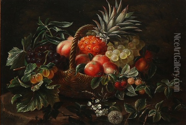 Still Life With Flowers And Fruit In A Basket Oil Painting - Johan Laurentz Jensen