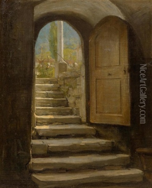 Treppenaufgang Zum Kirchhof Oil Painting - Albert Anker