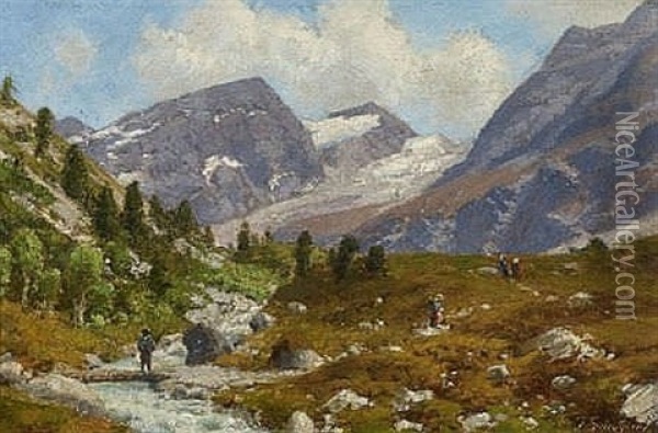 Wanderer In Gebirgslandschaft Oil Painting - Josef Schoyerer