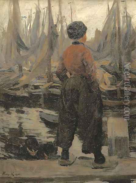A Volendam fisherman looking over the harbour Oil Painting - Hans von Hayek