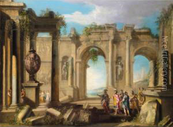 An Architectural Capriccio With Figures In Classical Dress Amongst Ruins Oil Painting - Alberto Carlieri