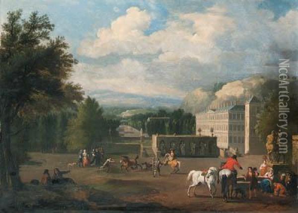 A View Of A Country Mansion With
 A Riding School, A Traveller At Afountain In The Foreground Oil Painting - Jan von Huchtenburgh