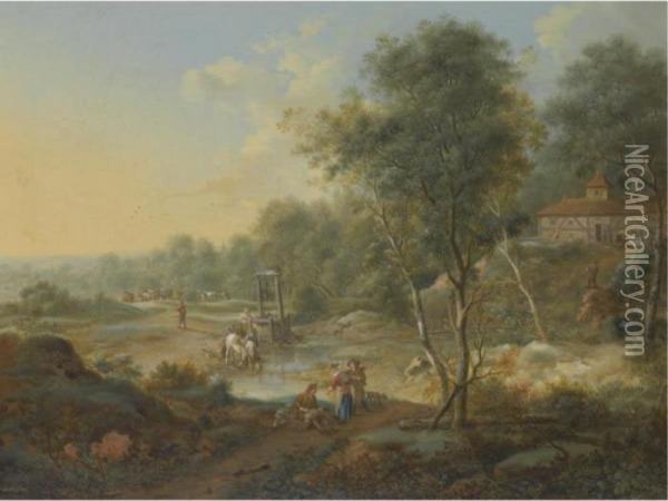 An Extensive Wooded Landscape With Figures By A Ford Oil Painting - Johann Christian Vollerdt or Vollaert