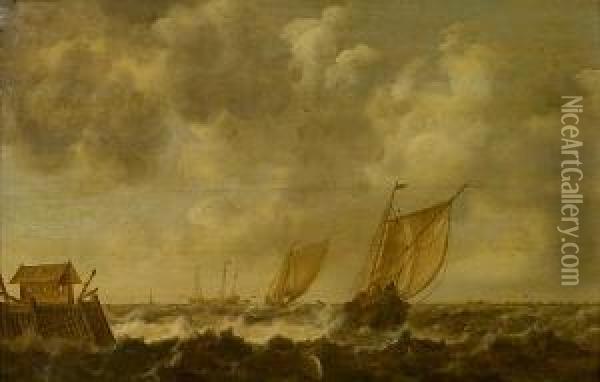 A Choppy Sea With Shipping Offshore Oil Painting - Cornelis Hendricksz. The Younger Vroom