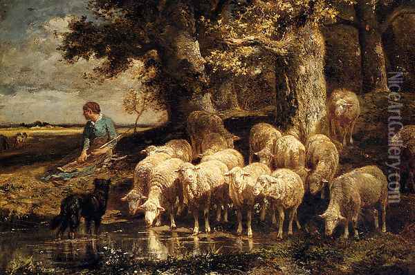 A Shepherdess With Her Flock Oil Painting - Charles Emile Jacque