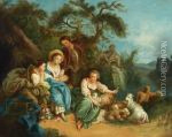 Shepherdesses And Sheep By A Fountain Oil Painting - Francois Boucher