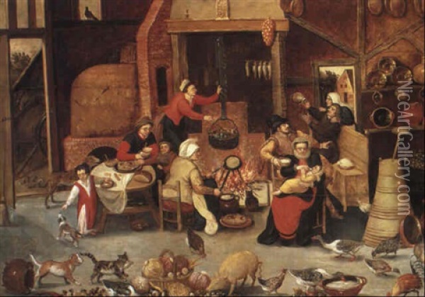 Kitchen Interior With Figures Oil Painting - Marten van Cleve the Elder