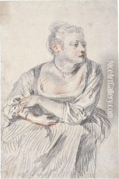 A Seated Woman, Wearing A Pearl 
Necklace, Her Arms Folded On Herlap, Looking To The Right Oil Painting - Watteau, Jean Antoine