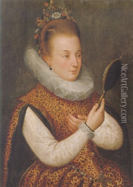 Portrait Of A Young Lady Wearing A Gold And Red Embroidered Dress Oil Painting - Hieronymus Francken the Younger