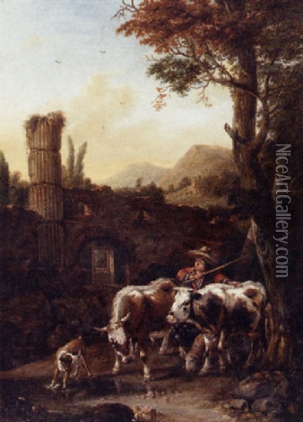 An Italianate River Landscape With A Herdsman, A Ruined Building Beyond Oil Painting - Johann Heinrich Roos